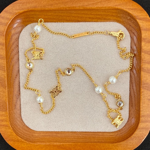 Celine Gold Necklace with Pearl and Crystal Accents - Picture 1 of 6